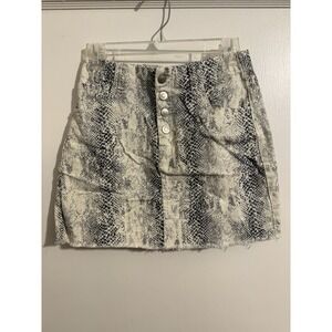 Peach Love California snakeskin print denim Button Fly mini skirt Size medium